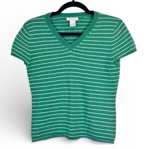 Tweeds Green Cashmere Striped Short Sleeve Sweater Womens M Preppy Casual Fall